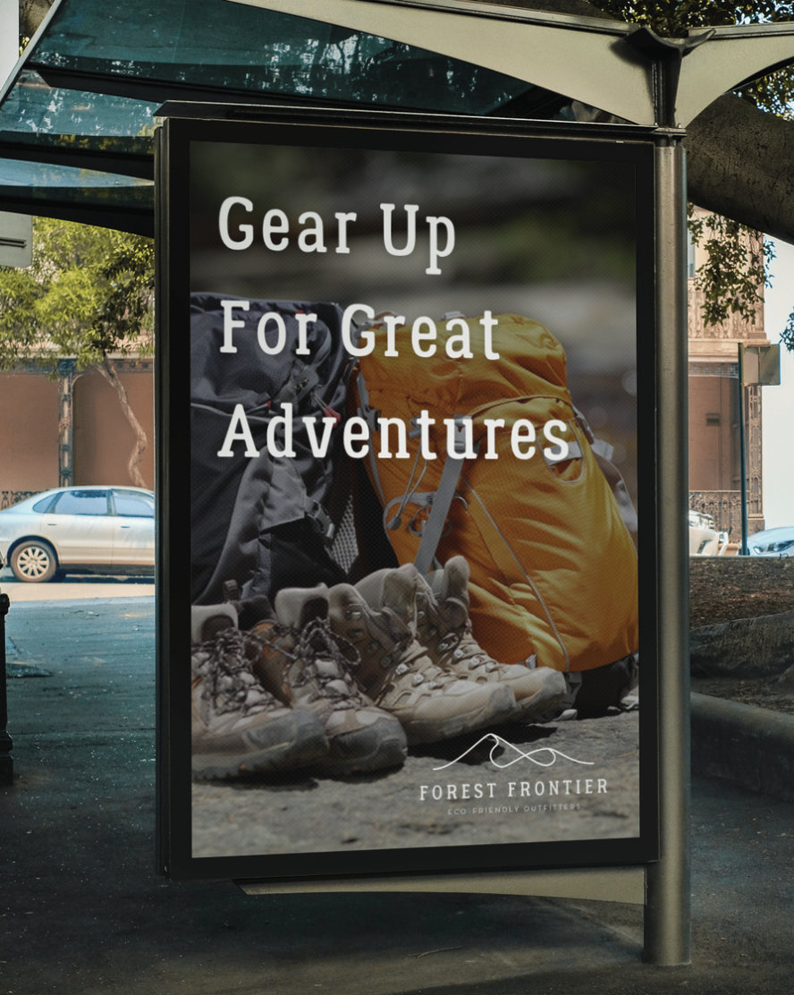 Outdoor advertisement for Forest Frontier eco-friendly outdoor gear featuring a pair of hiking boots and backpacks with the text 'Gear Up For Great Adventures'.