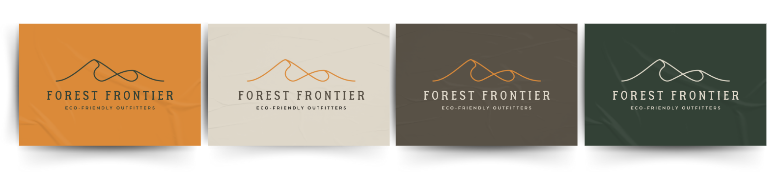 Series of four outdoor apparel brand logos for Forest Frontier featuring mountain line drawings with different colored backgrounds.