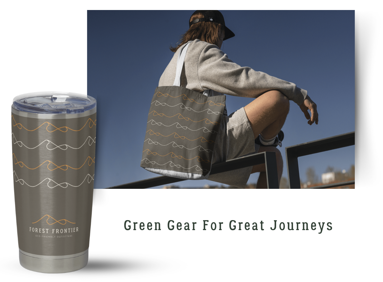 A woman with brown hair wearing a black cap, gray sweatshirt, and gray shorts sitting outdoors on a metal railing with a blue sky background. She has a gray tote bag with a colorful line pattern over her shoulder. A large stainless steel tumbler with the same pattern is in the foreground. Text reads "Green Gear For Great Journeys."