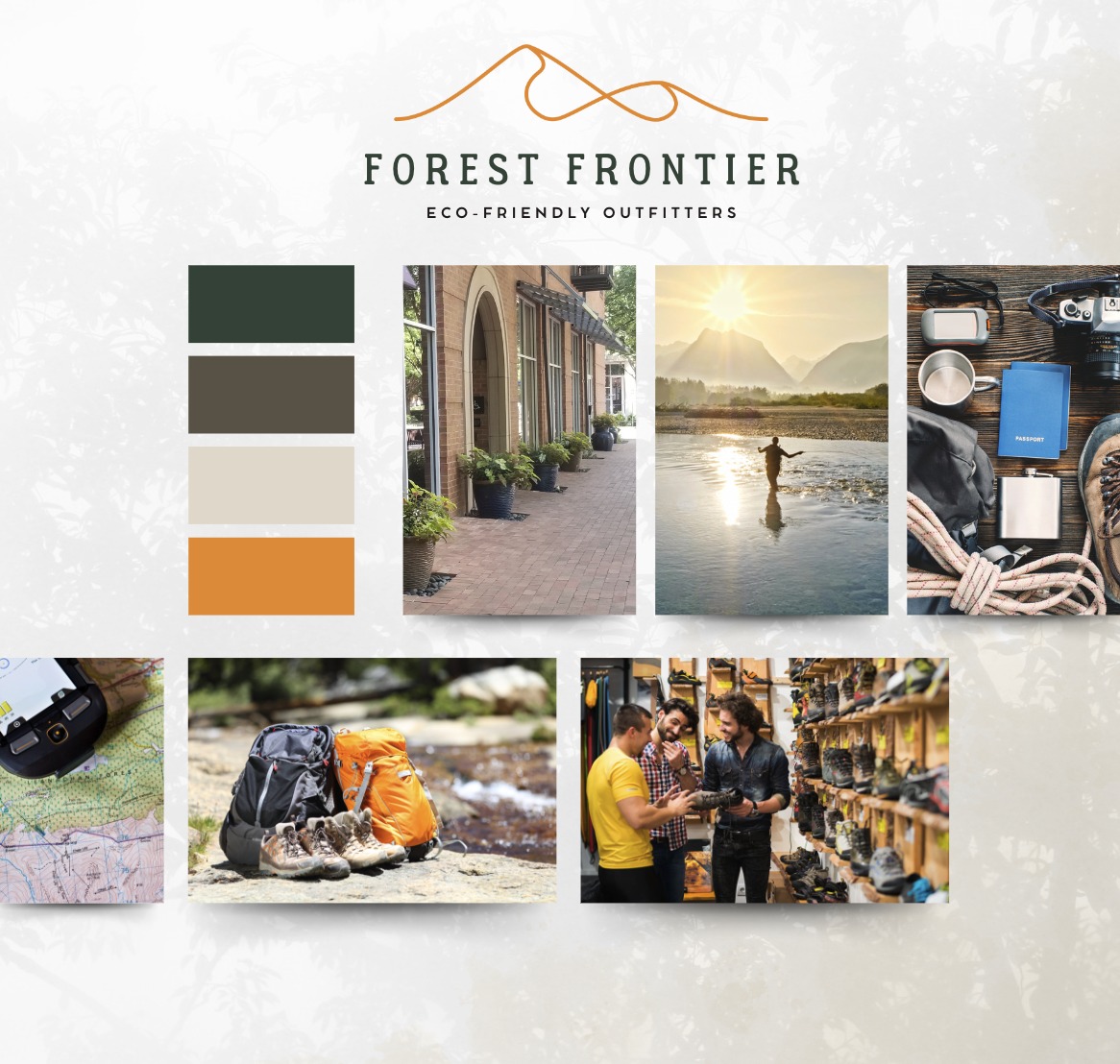 Collage of outdoor and adventure scenes for Forest Frontier, an eco-friendly outfitter brand. Includes images of a street with shops, a person hiking in mountains, outdoor gear items, a map with a GPS device, backpacks with hiking shoes by a stream, and people shopping for outdoor equipment.