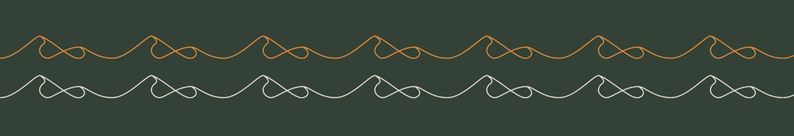 Two horizontal rows of tangled string lines on a dark green background, with an orange string on top and a white string below.
