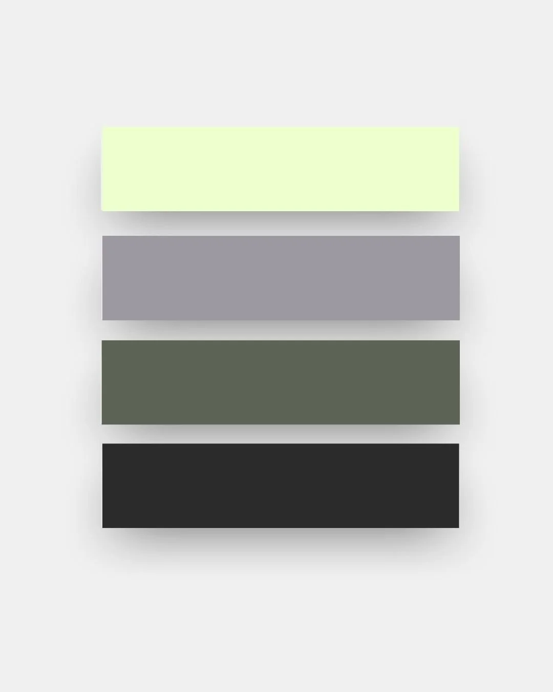 A vertical arrangement of five color swatches in light green, gray, green, dark gray, and black, with subtle shadows and a light gray background.