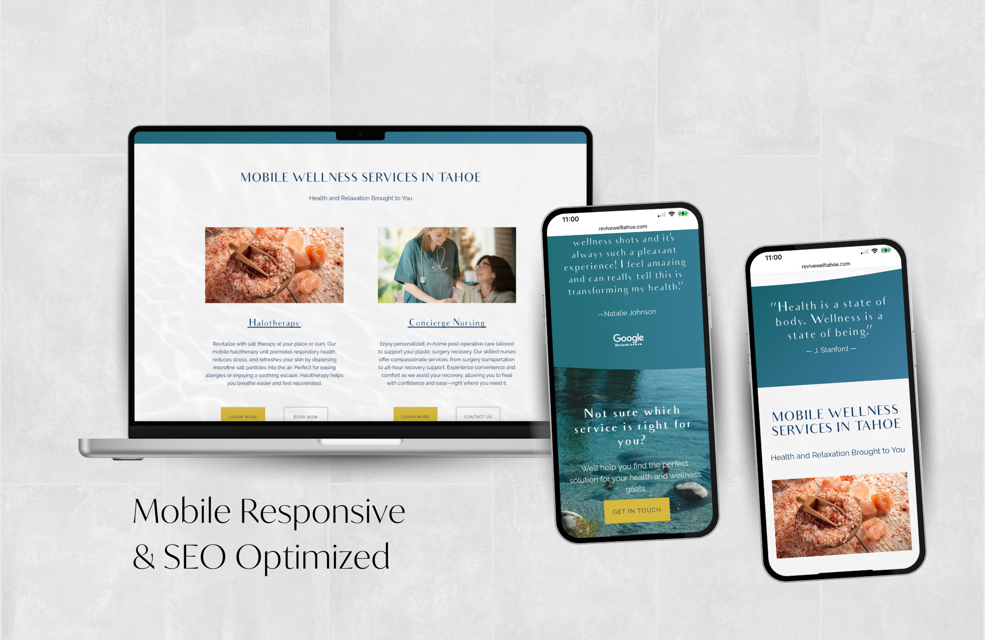 Mobile-friendly and SEO-optimized website design for health and wellness company in Lake Tahoe, displayed on laptop and mobile devices.