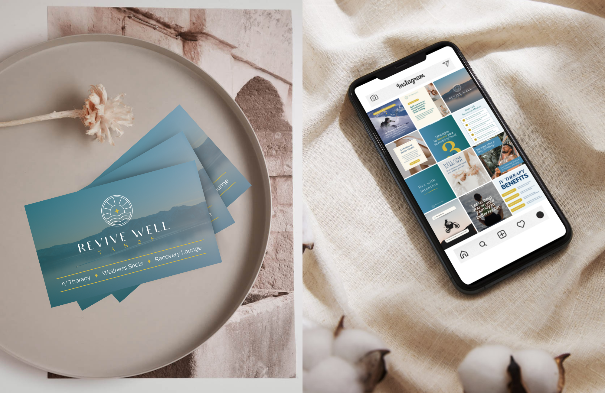 Custom branding and social media design for health and wellness business in Lake Tahoe, showcasing branded business cards and cohesive Instagram feed design.
