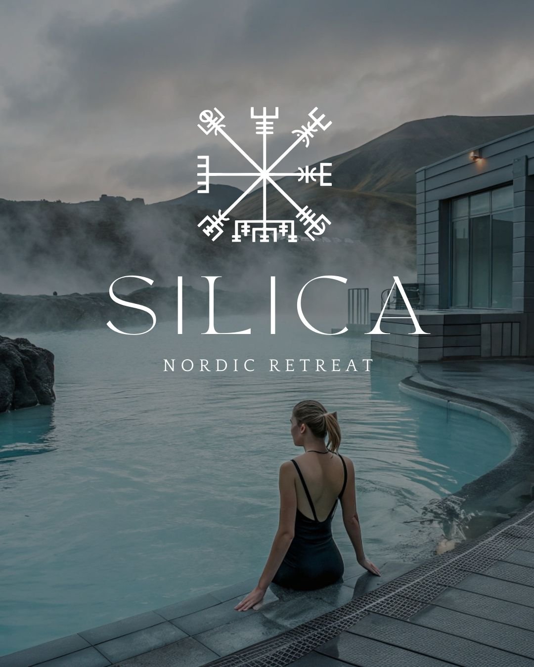 A serene luxury spa with a geothermal pool surrounded by Icelandic landscapes, featuring the Silica Spa logo.