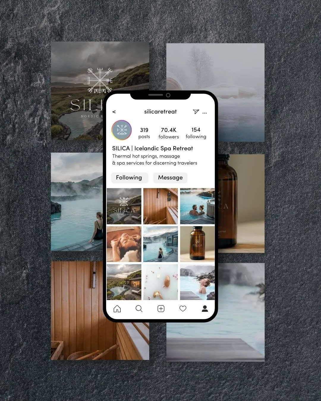 Silica Spa Instagram profile mockup showcasing a cohesive brand aesthetic with Icelandic spa visuals and curated posts.
