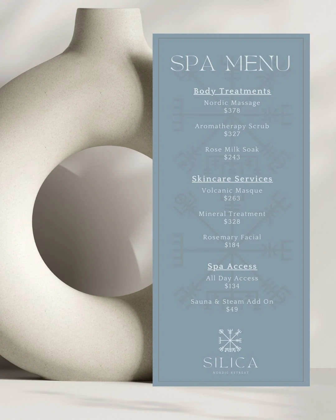 Silica Spa menu design featuring body treatments, skincare services, and spa access options in a sleek, Nordic-inspired layout.