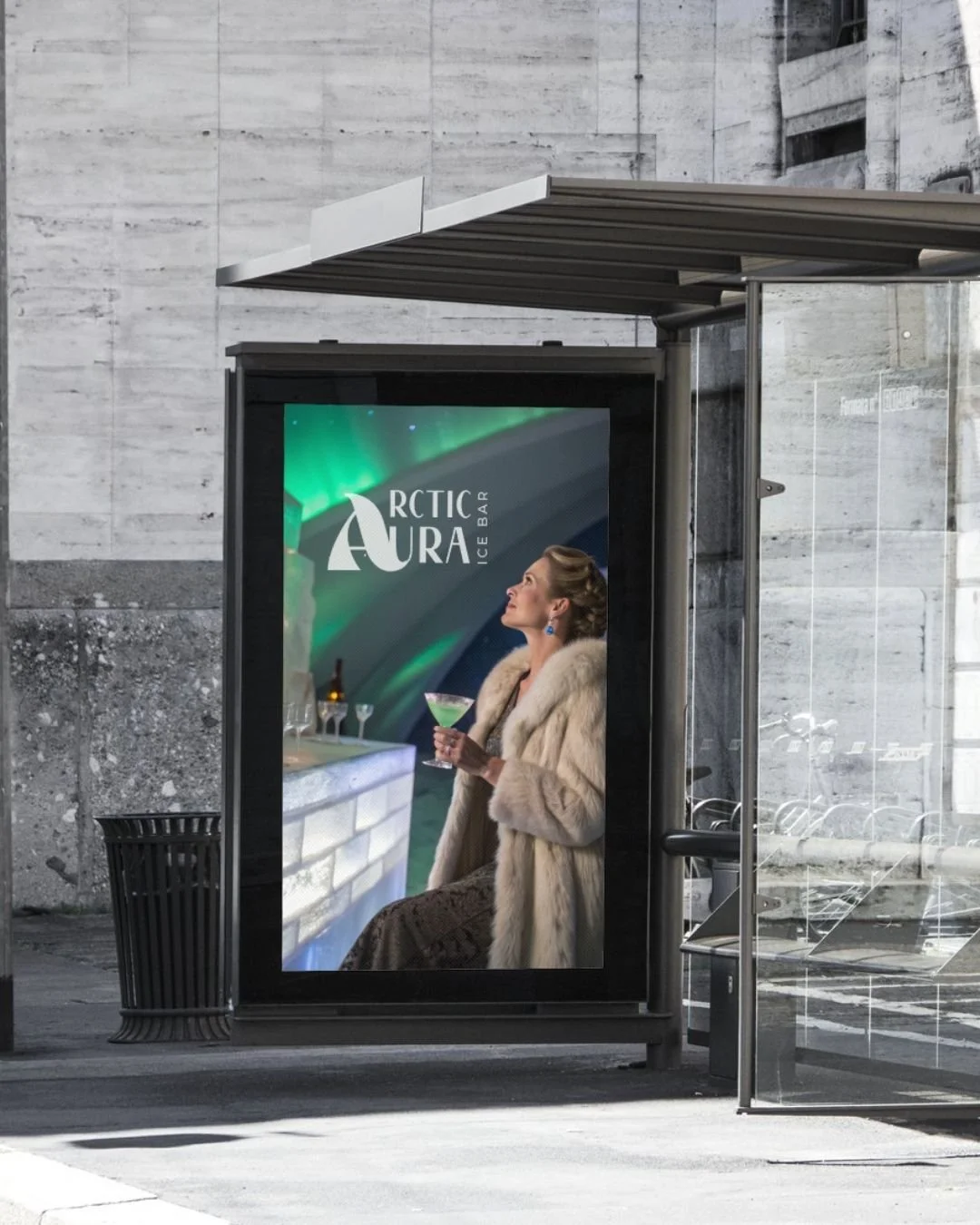 mockup of an advertisement for an ice bar at a bus stop