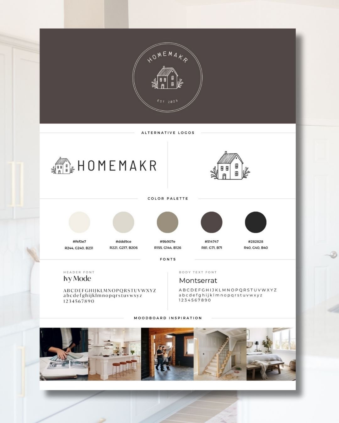 A comprehensive brand identity guide showcasing logo variations, color palettes, typography, and mood board inspiration for design-build firms.
