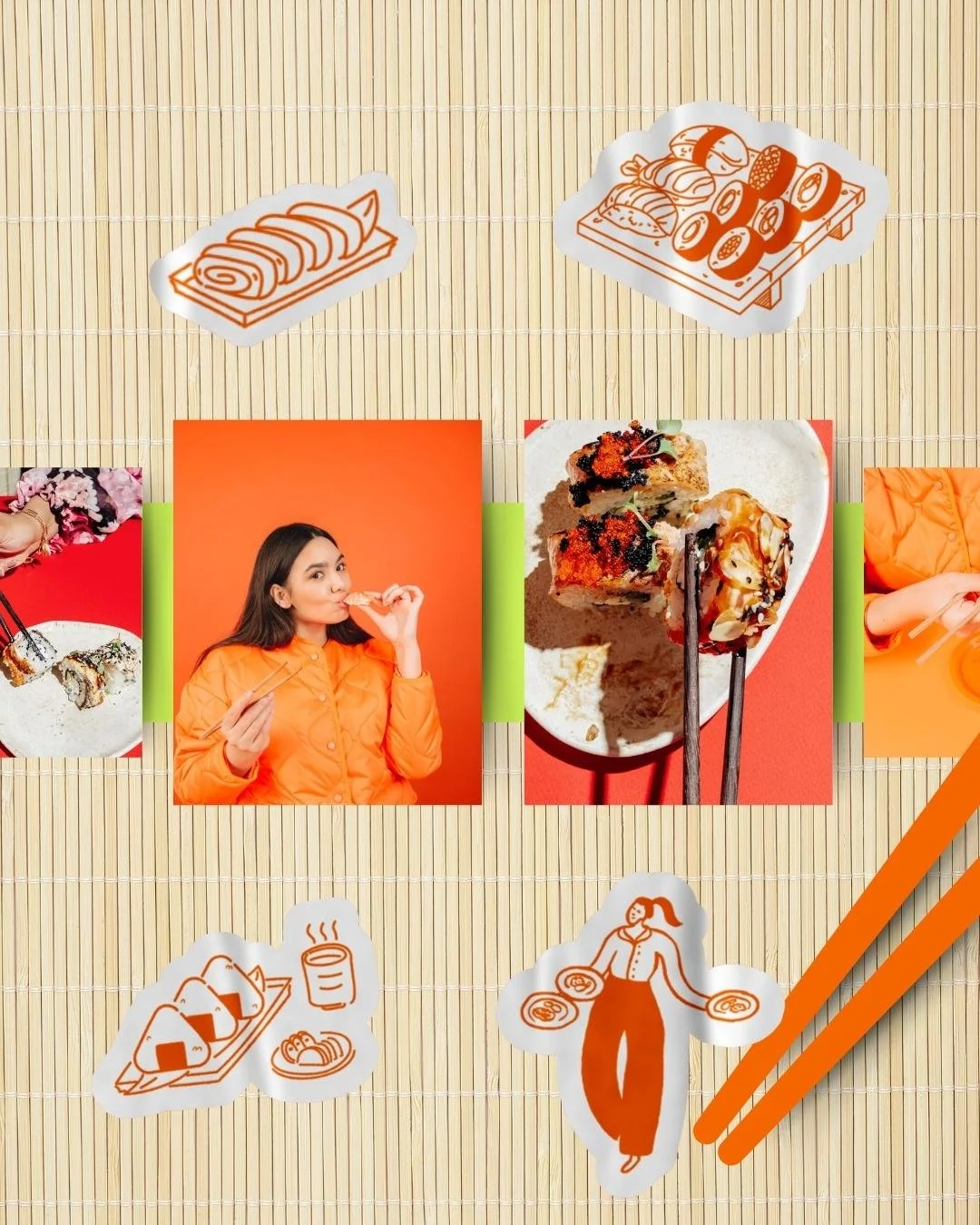 A collage of food items, a woman eating sushi, and decorative illustrations of sushi, chopsticks, and a person carrying plates, all on a bamboo mat background.