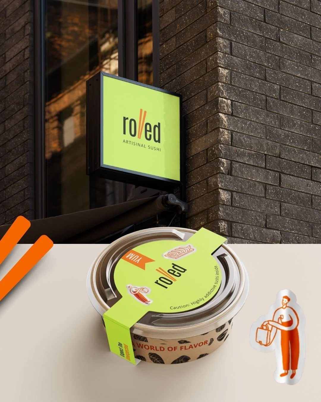 A sign for Rolled Artisanal Sushi mounted on a brick wall and a container of sushi with a bright green label. There is also a small sticker of a person holding a shopping bag next to the container.
