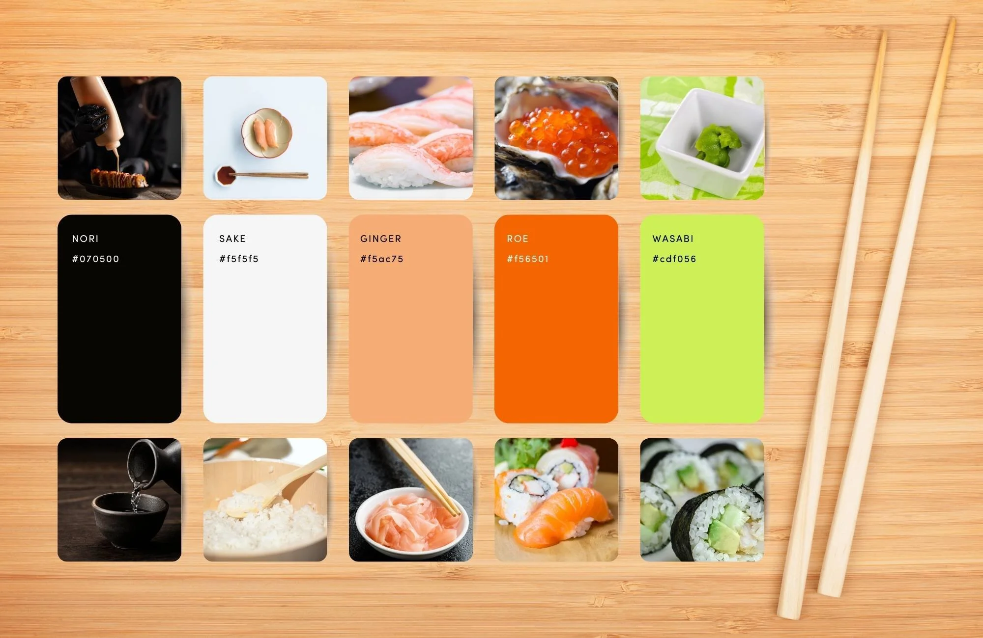A sushi ingredients color palette on a wooden surface, including nori, sake, ginger, roe, wasabi, and various types of sushi with chopsticks.