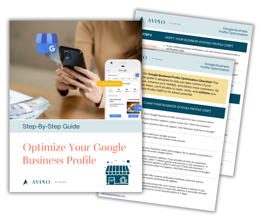 Step-by-step guide to optimize your Google Business Profile, shown on a printed sheet and a smartphone, with visuals of a person holding a phone, and an icon of a storefront with a Google logo.