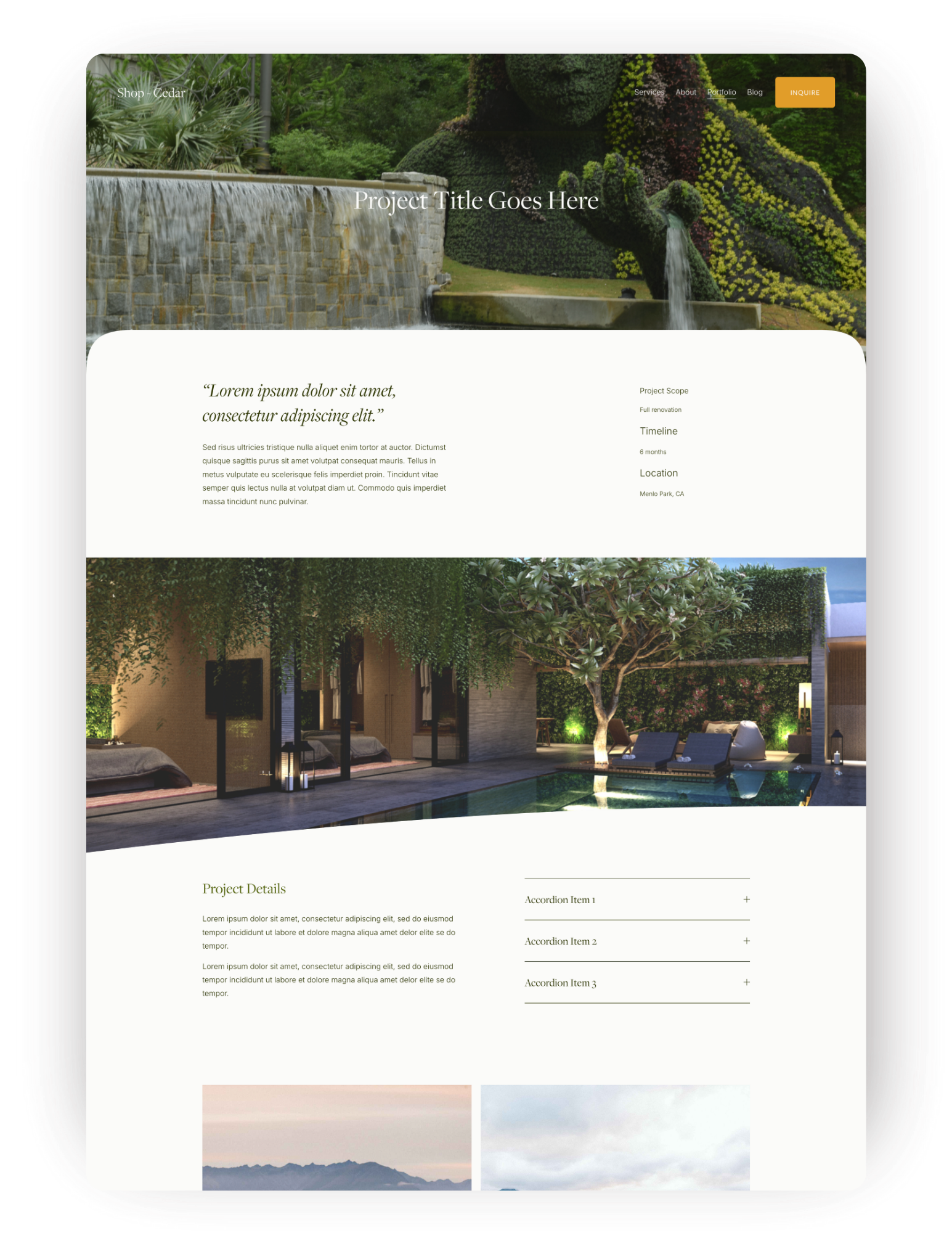 A website homepage with a header showing a waterfall and greenery, a navigation menu, and a prominent call-to-action button. Below are sections with project information, an outdoor pool area at night, and additional project details with images of landscape scenes.