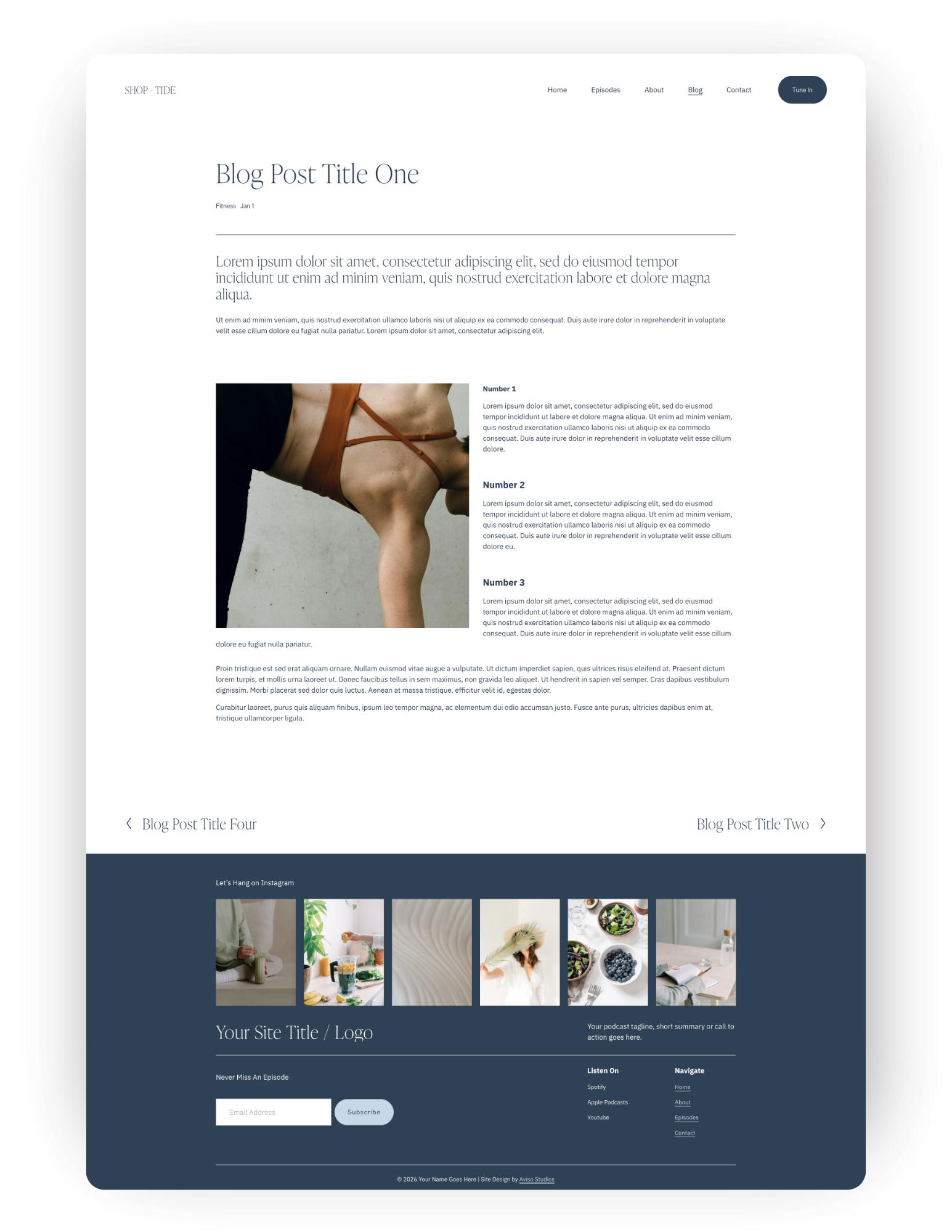 A webpage layout featuring a blog post with a title, date, and paragraph text, an image of a person in a black shirt doing a handstand, navigation menu at the top, and a footer with social media links and subscription form.