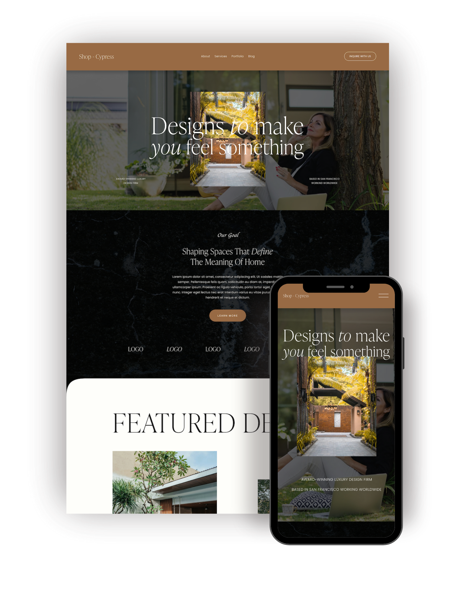 Responsive website and mobile view of an interior design company's homepage with a background image of a woman sitting outdoors, large text saying 'Designs to make you feel something,' sections for company info, a 'Learn More' button, and placeholders for logos and featured designs.