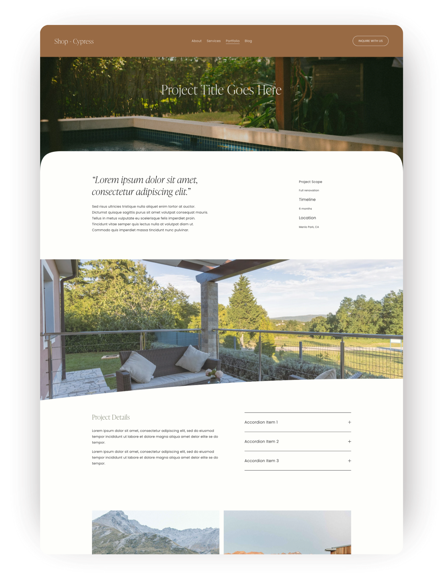 A webpage for a design or renovation project, featuring outdoor spaces including a pool and a balcony with seating, with a navigation menu at the top for About, Services, Portfolio, Blog, and an Inquire button.