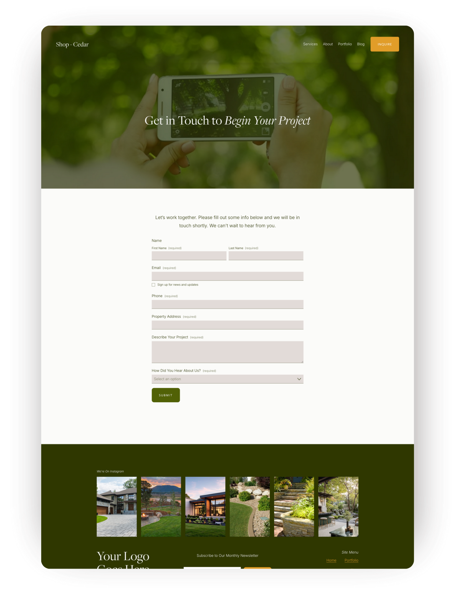 A website homepage for a landscaping or garden service company called Shop Cedar features a large header image of someone taking a photo of trees with a smartphone. The page has a green-themed design with a contact form below the header, and a footer section with photos of outdoor landscaping projects, a space for a logo, and navigation links.