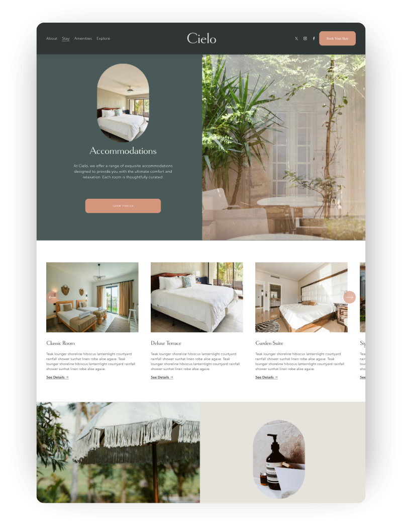 Accommodations and room page for a vacation rental or hotel property website