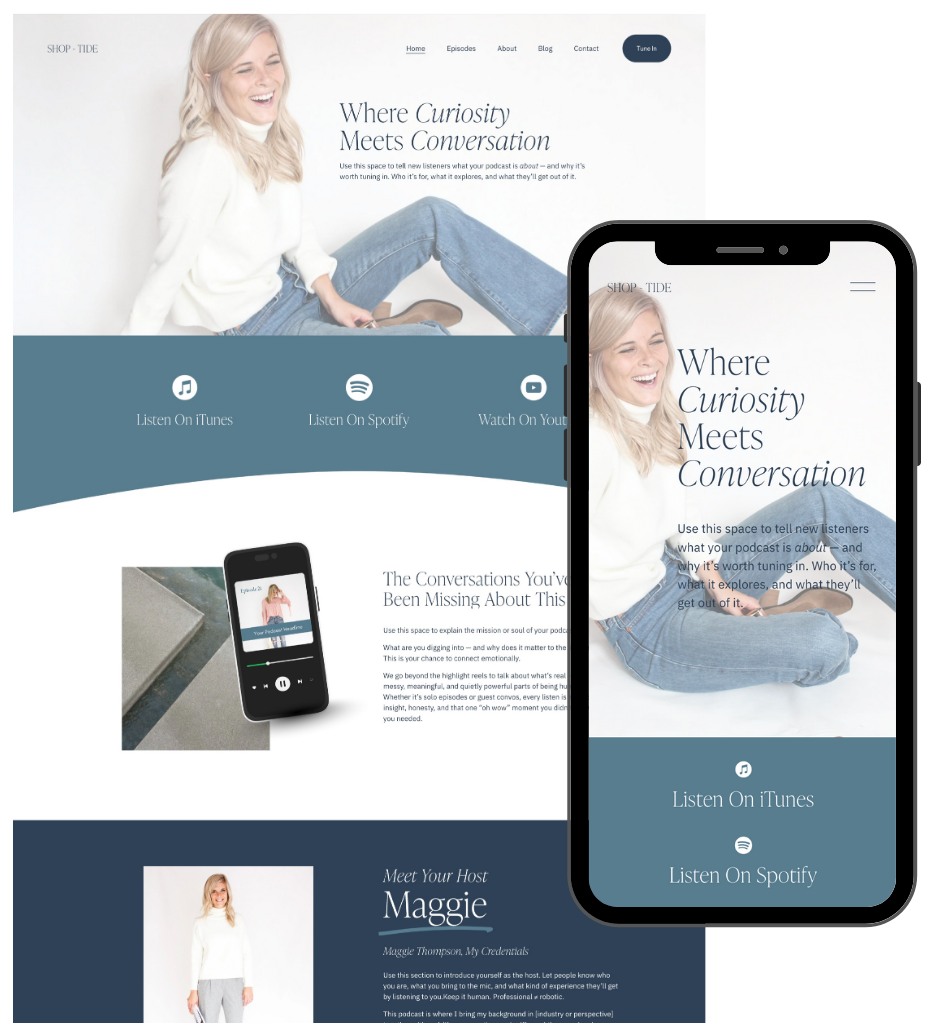 A woman with blonde hair, wearing a white sweater and blue jeans, sitting and smiling in a podcast website webpage layout, with a mobile phone overlay showing the same image and website interface.