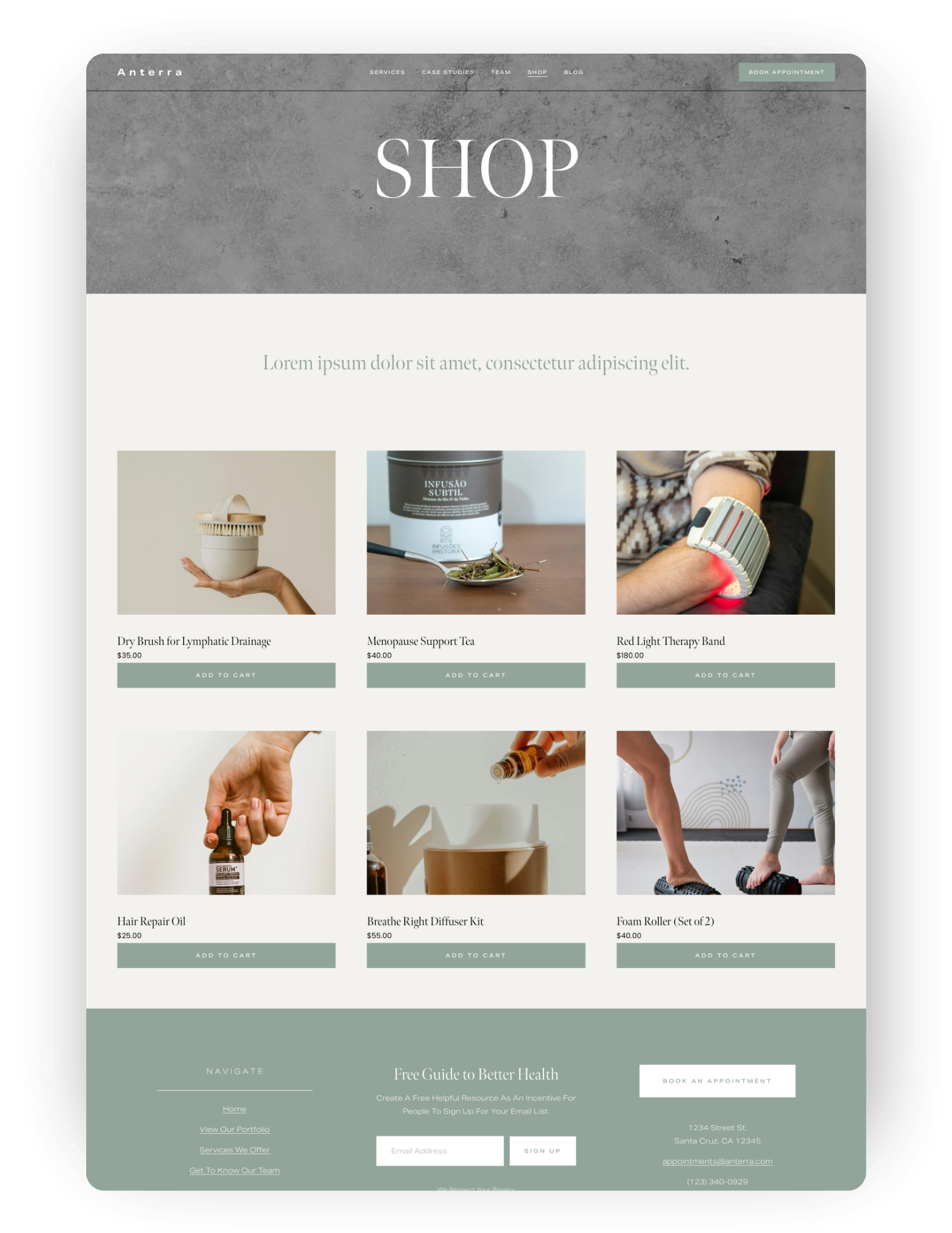 Health and wellness shop on a squarespace website template