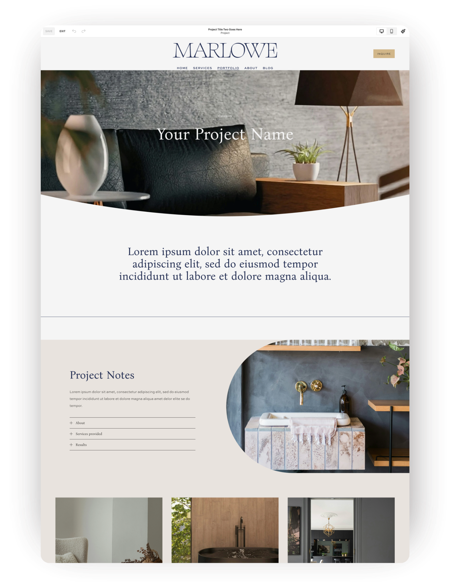 Photography business portfolio project page squarespace website design