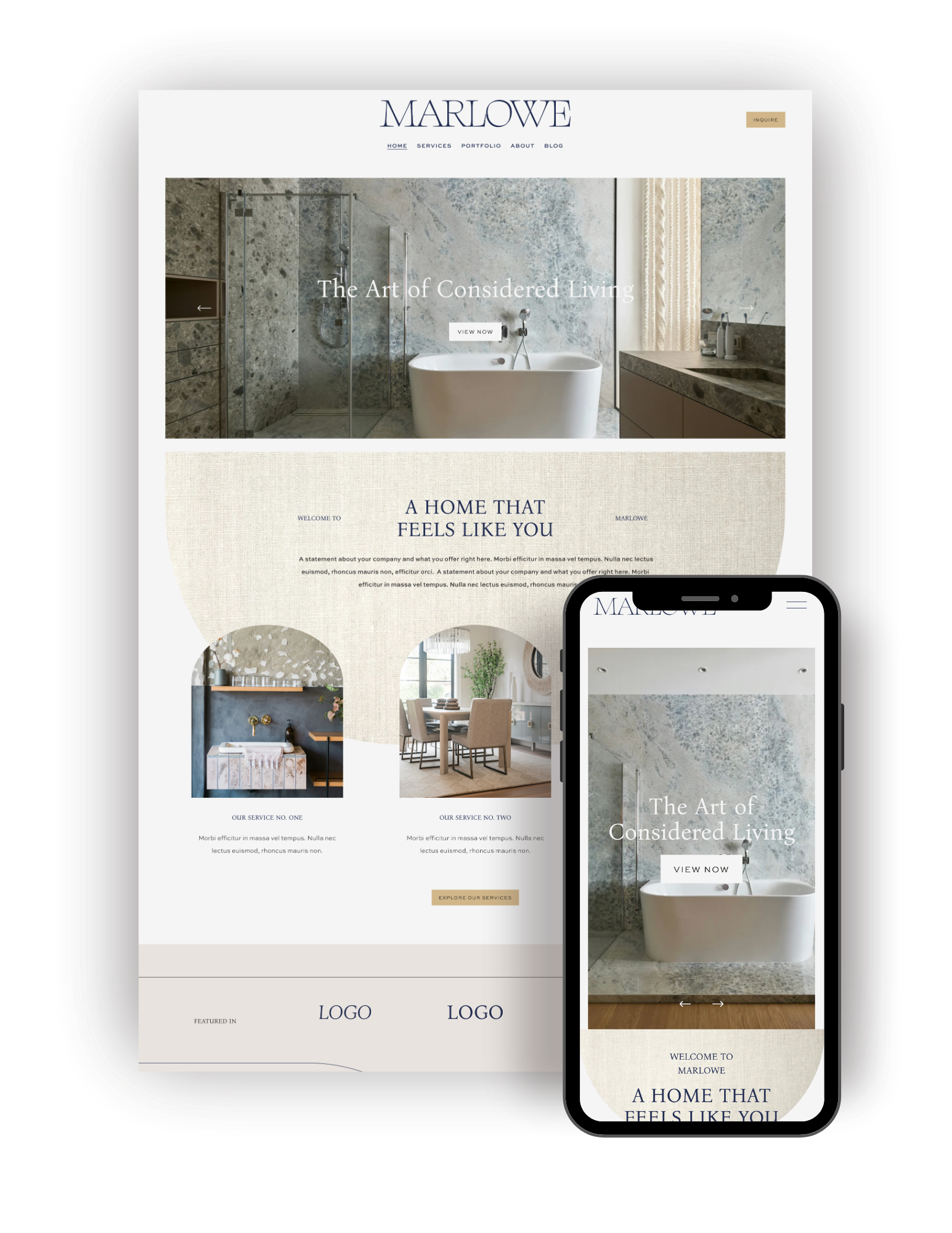 Mockup of a squarespace template for interior designers, architects and other service businesses.
