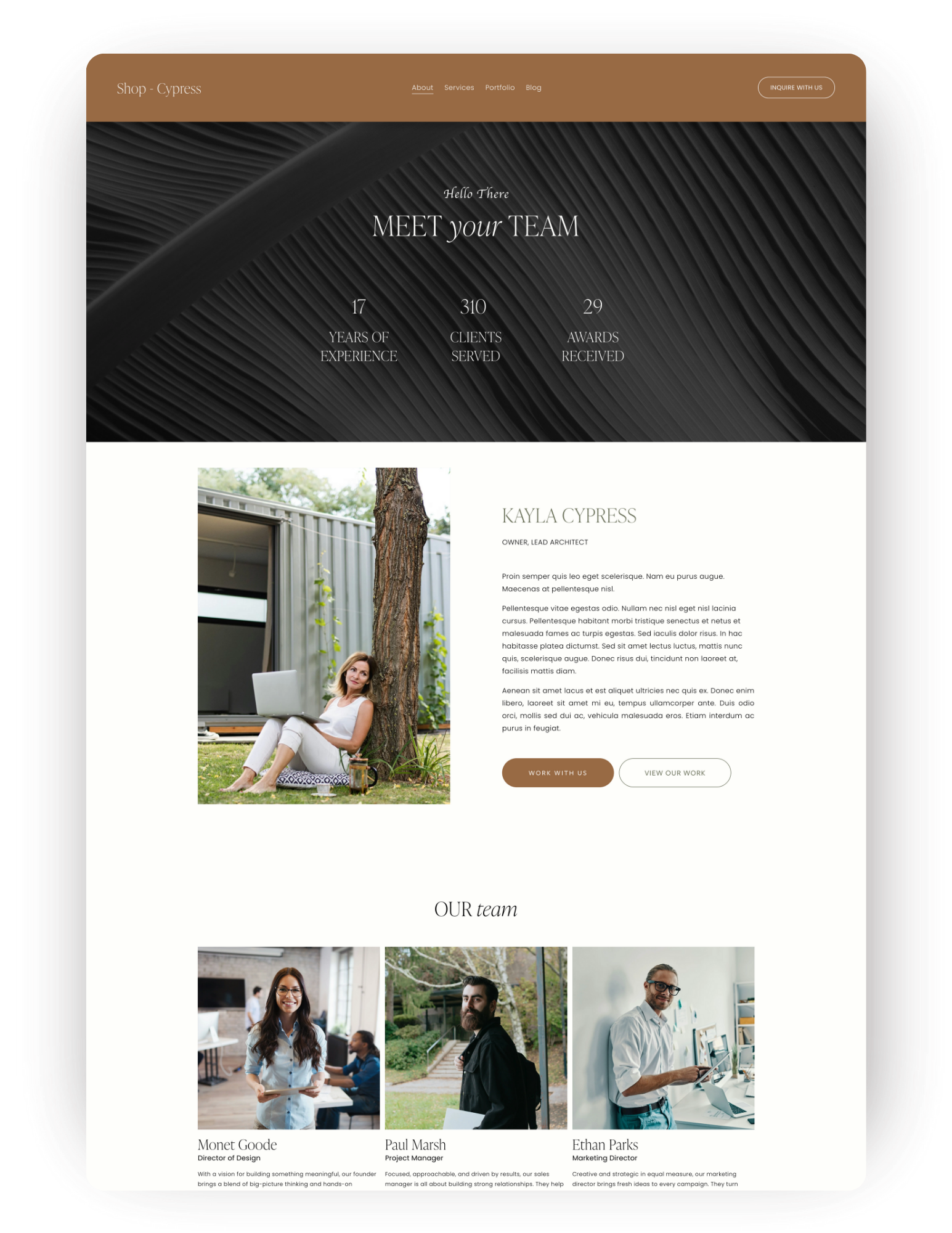 Web page for Shop Cypress featuring team introduction and team members' photos