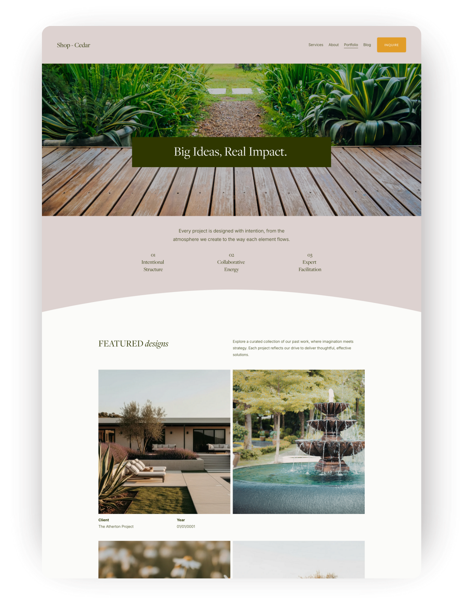 Screenshot of a landscaping or garden design website with a large header image of a garden pathway and plants, and text overlay reading 'Big Ideas, Real Impact.' Below, there's a section describing the project's design principles and featured work with images of landscaping projects and details.