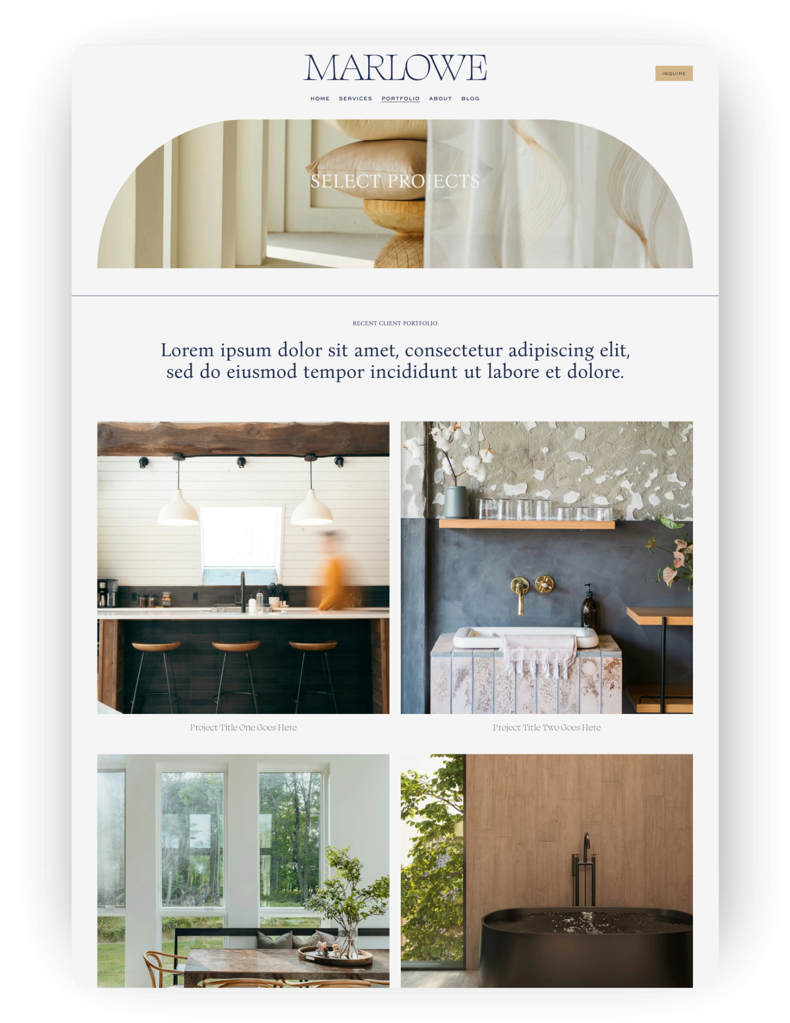 Squarespace website template page showing case studies for photographer portfolio