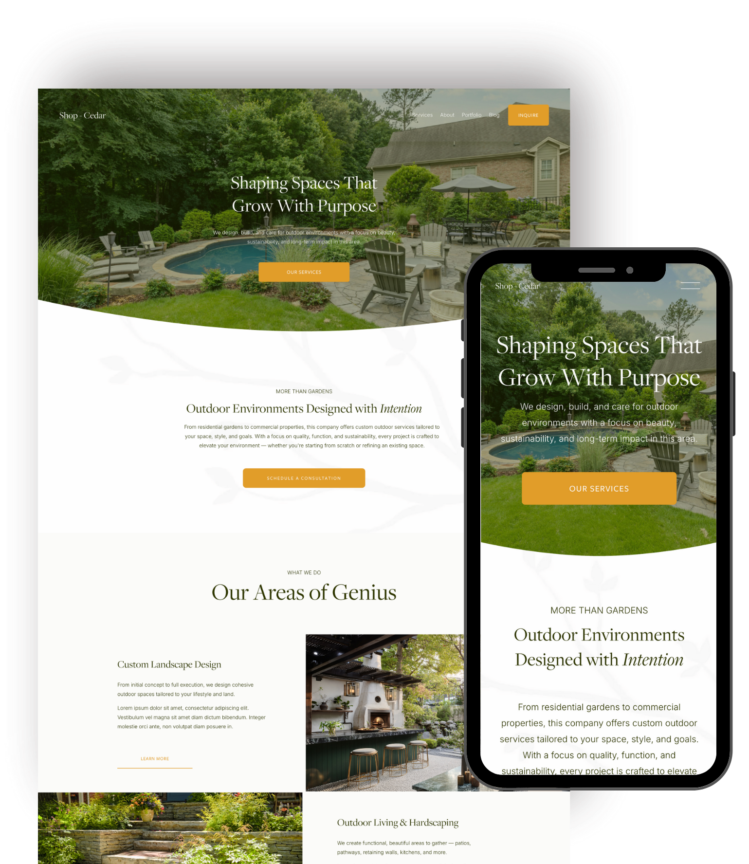 Responsive website design showcasing outdoor landscape and garden services, featuring a house with a pool, outdoor dining area, and landscaped backyard on both a desktop and mobile device screen.