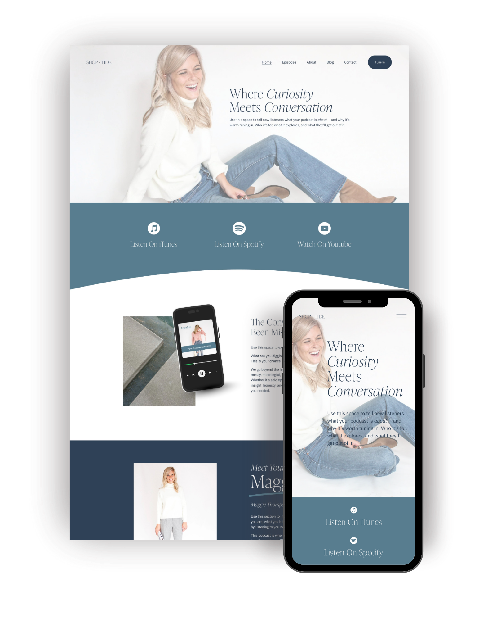 Mockup of a squarespace template for podcasts, speakers and coaches.