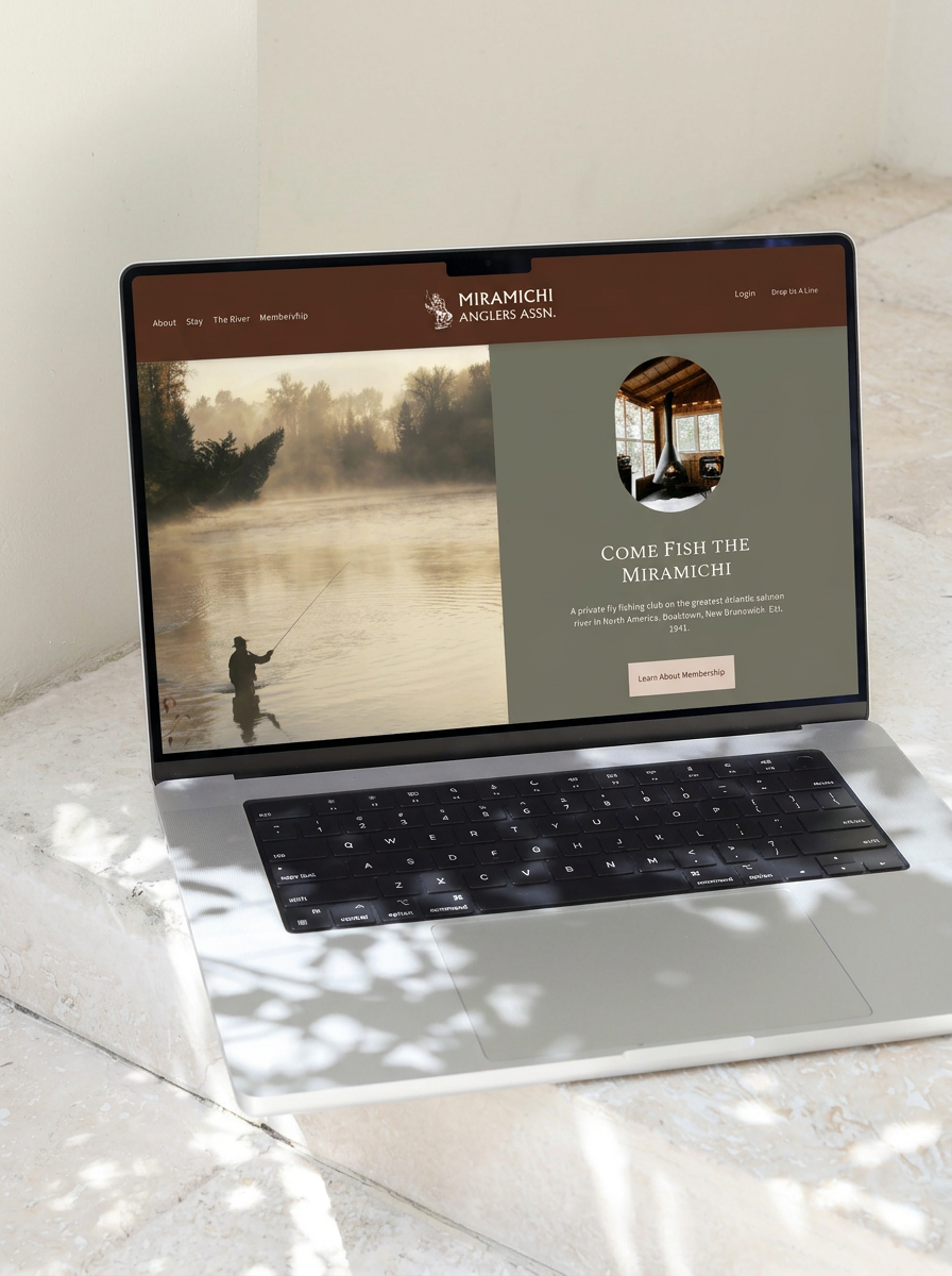 Fly fishing club website homepage shown on a laptop, highlighting outdoor lodge web design