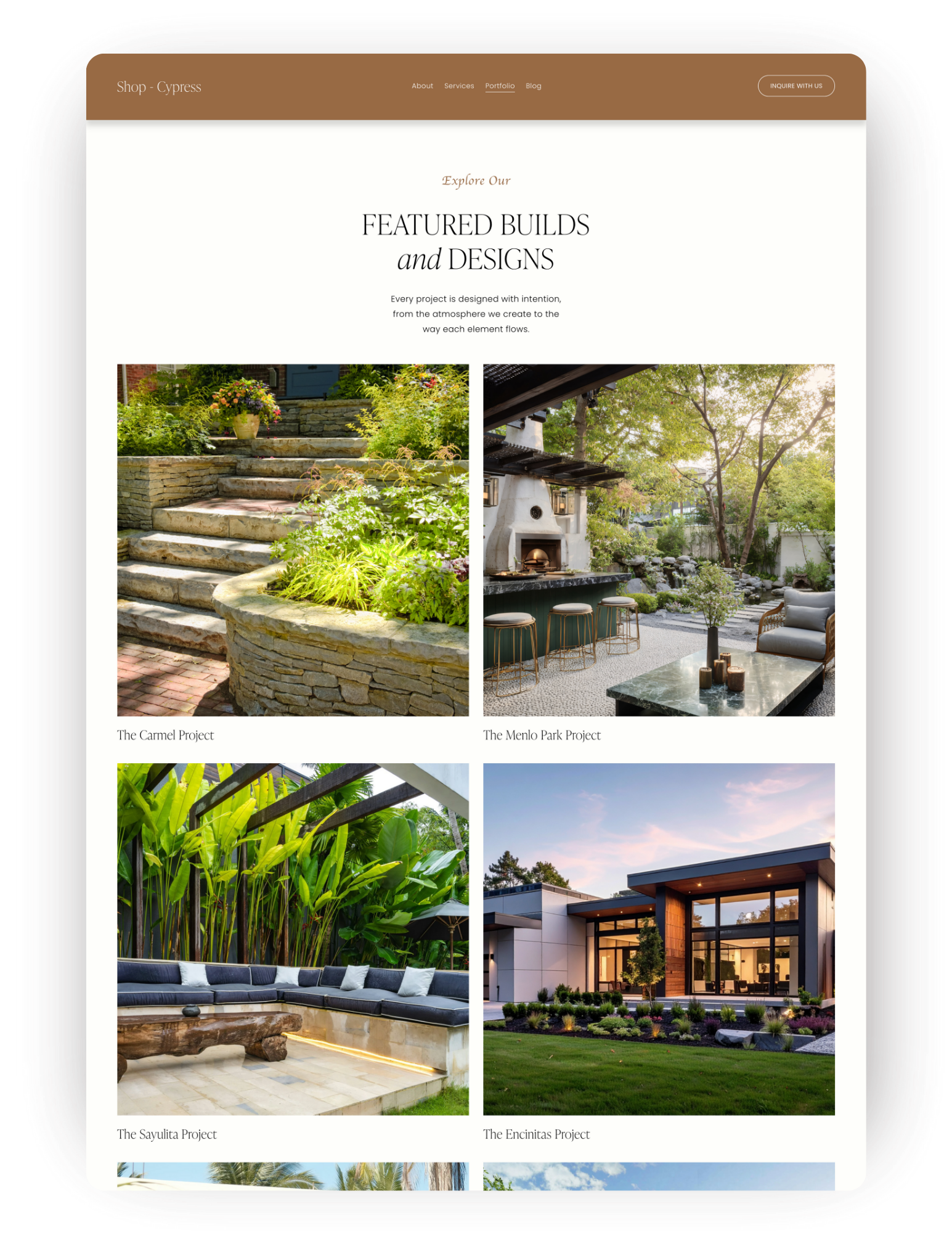 A webpage showcasing various landscape architecture projects, including outdoor stairways, a patio with a fireplace, an outdoor lounge with lush greenery, and a modern house with a landscaped yard.