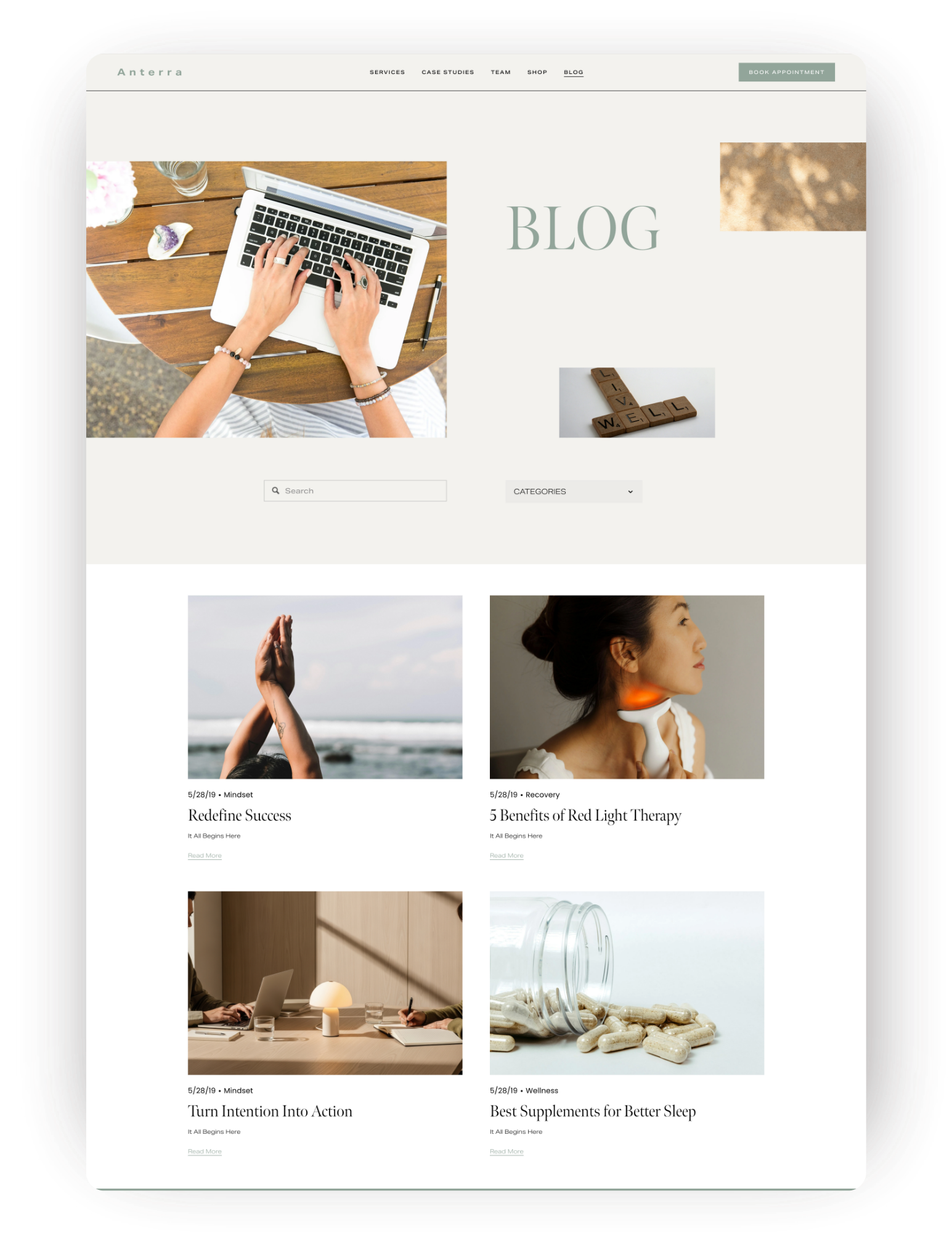 Custom squarespace website template blog page design