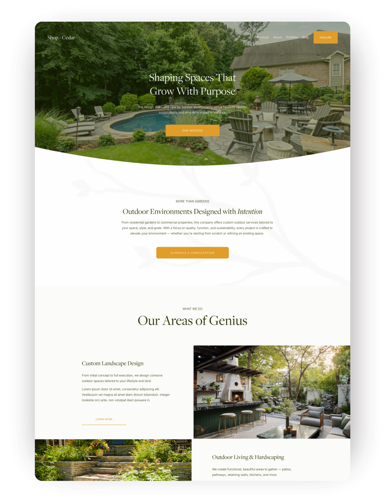 Website homepage for outdoor landscape design company featuring images of landscaped gardens and outdoor living spaces, with buttons for services and consultations.