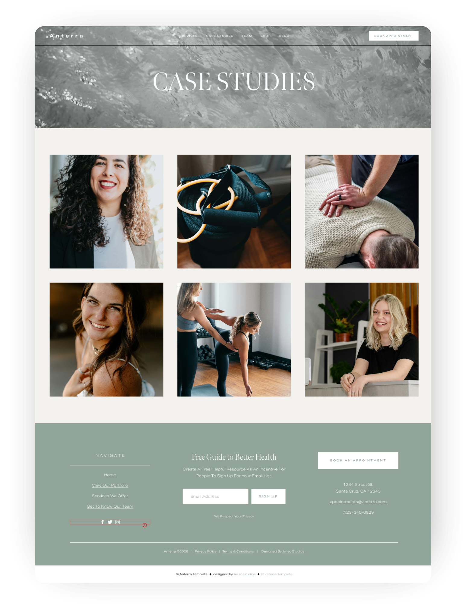 Squarespace website template page showing case studies for health and wellness business
