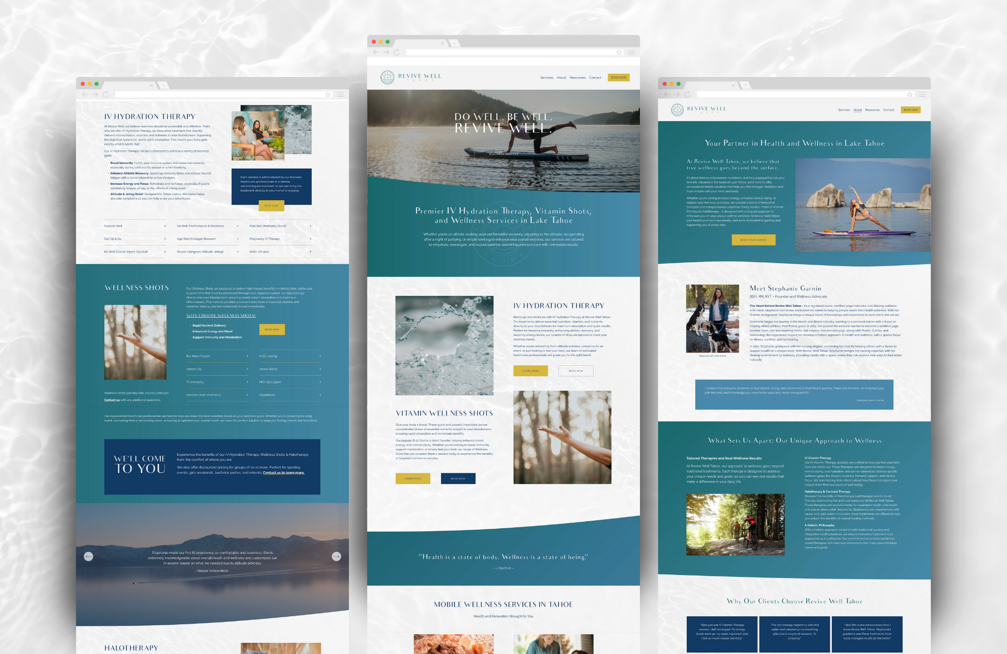 Screenshots of three wellness website pages featuring images of people engaging in water activities and outdoor relaxation, with text about hydration therapy, wellness services, and health.