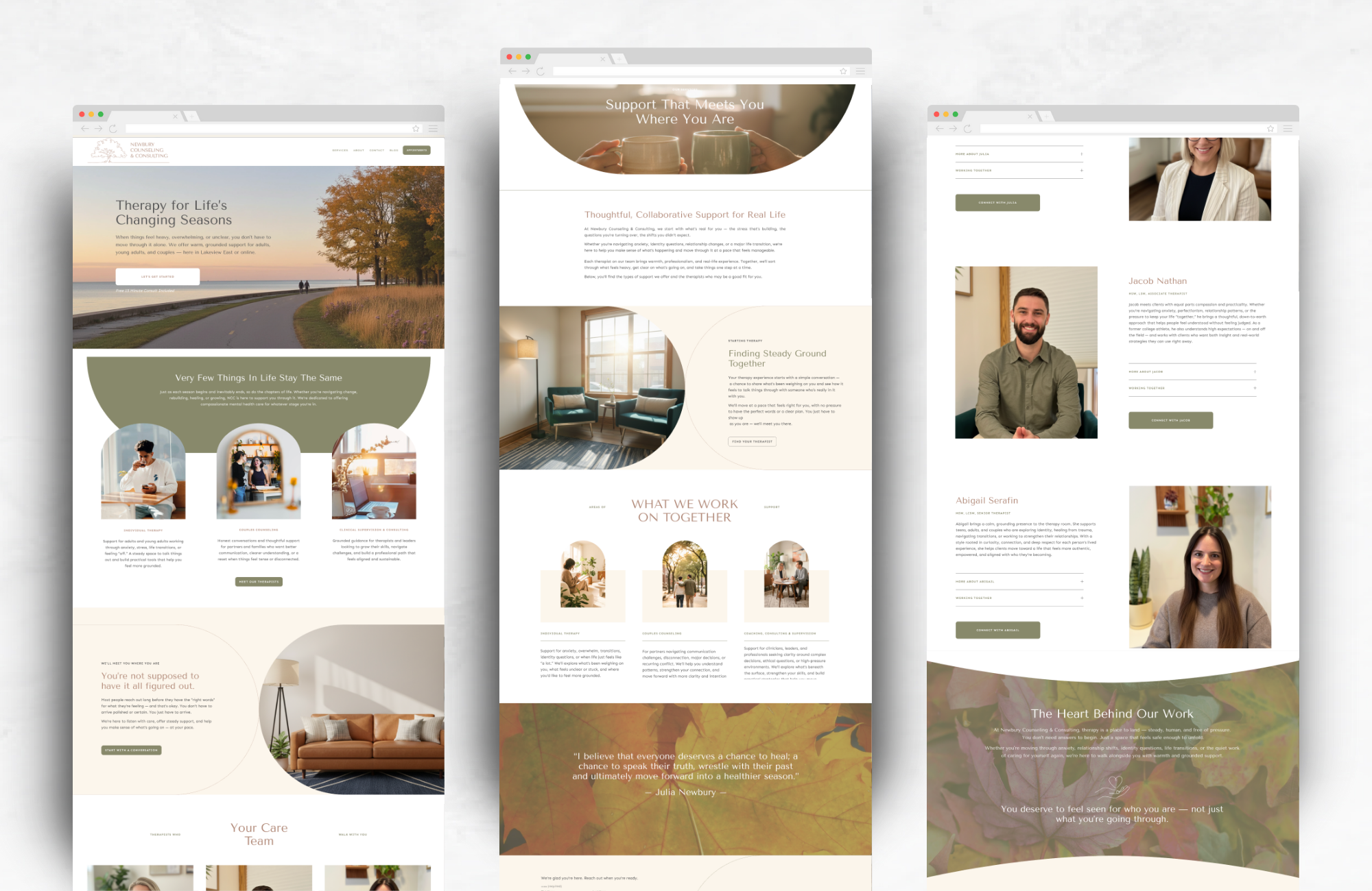 Screenshots of three mental health therapy website pages with calming colors, images of people and comfortable spaces, and text about support and care.
