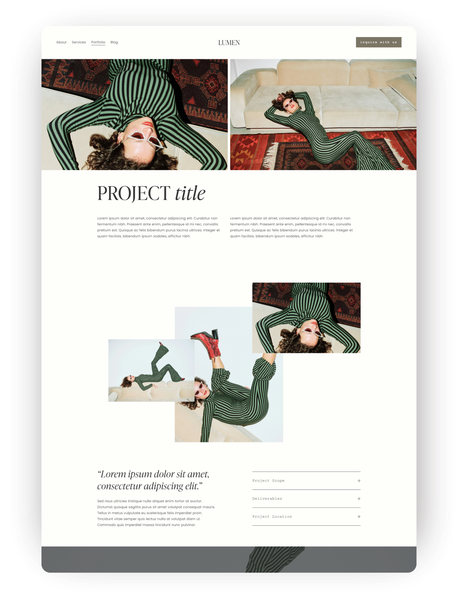 Photography business portfolio project page squarespace website design