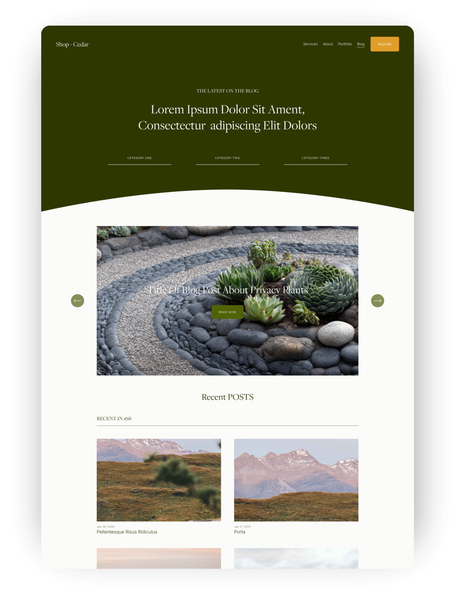 A website homepage titled 'Shop - Cedar' with a green and white color scheme, featuring a navigation menu, a blog post with a photo of succulents and rocks, and sections for recent blog posts with landscape images.