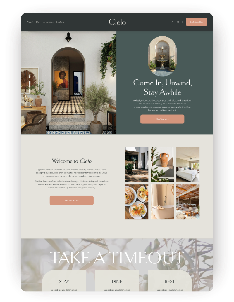 Homepage of a boutique hotel resort or airbnb retreat squarespace website template
