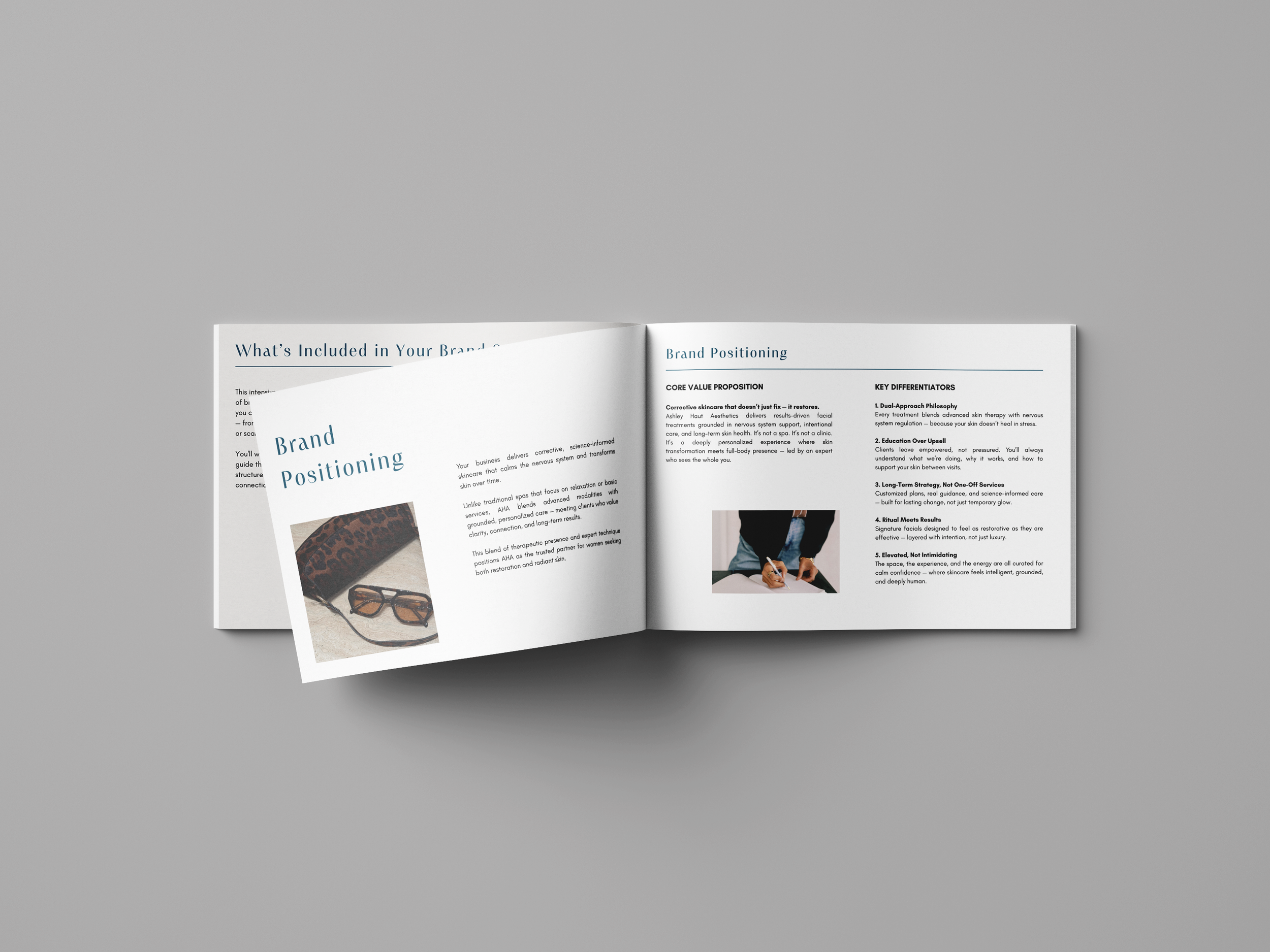 Interior pages of a business growth guide showing brand positioning details to get more sales.