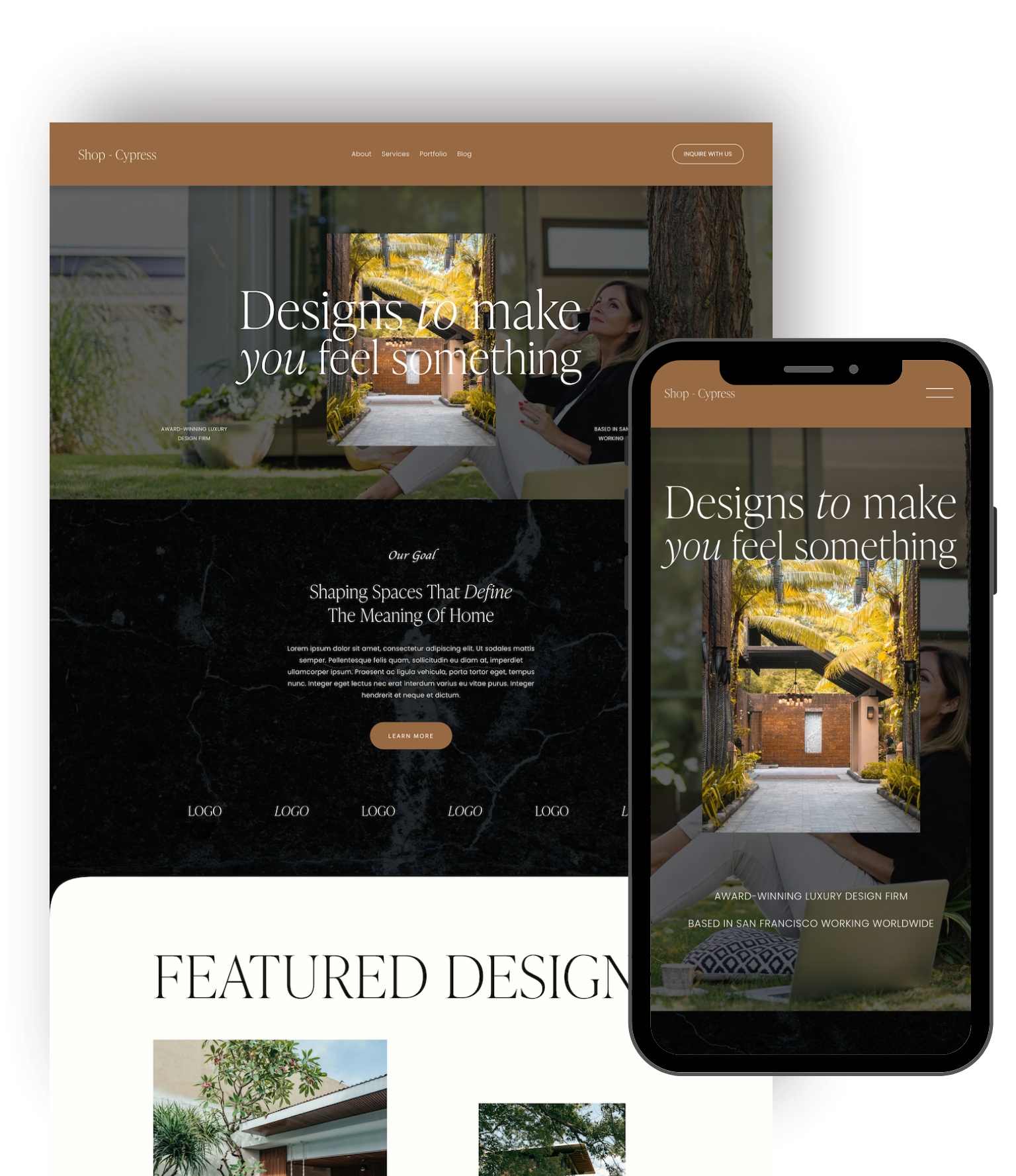 Screenshot of a website homepage for a design firm called Shop Cypress, showing a large header image of a woman sitting outdoors near trees and plants, with a headline reading "Designs to make you feel something," and a subheading about shaping spaces that define the meaning of home. The site features a black marble section with an 'Our Goal' statement, logo placeholders, and a footer with images of modern architectural designs. The mobile version shows the same header and background with a simplified layout.