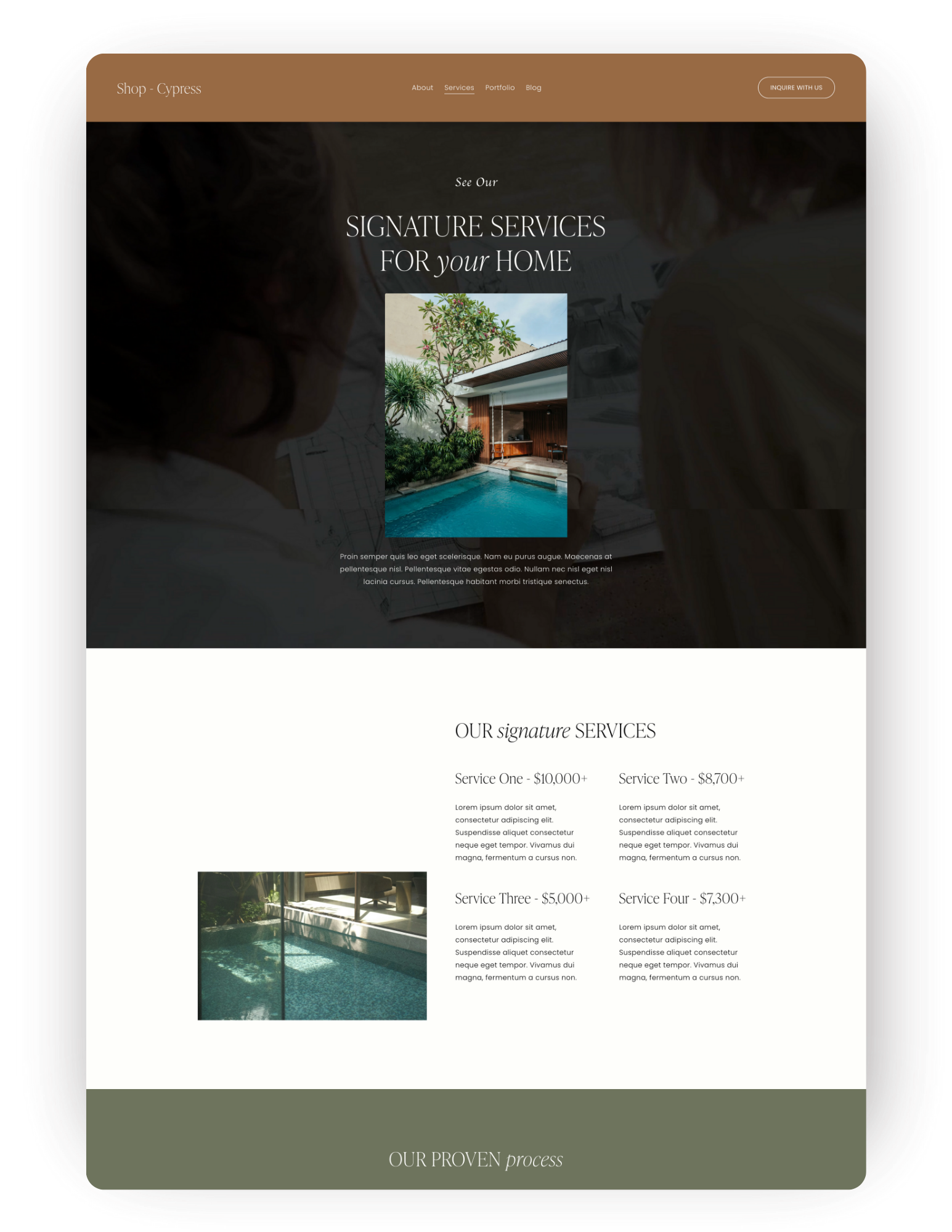 Website homepage for a home services company named 'Shop Cypress,' featuring information about signature services, a photo of a pool area, and service details with prices.