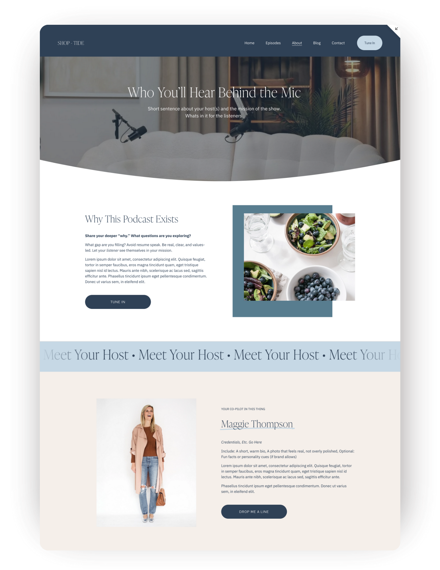 Screenshot of a podcast website with a header titled 'Who You'll Hear Behind the Mic', featuring a podcast setup with microphones, a section about the podcast's purpose, a photo of a salad and blueberries, and a profile of a guest named Maggie Thompson.