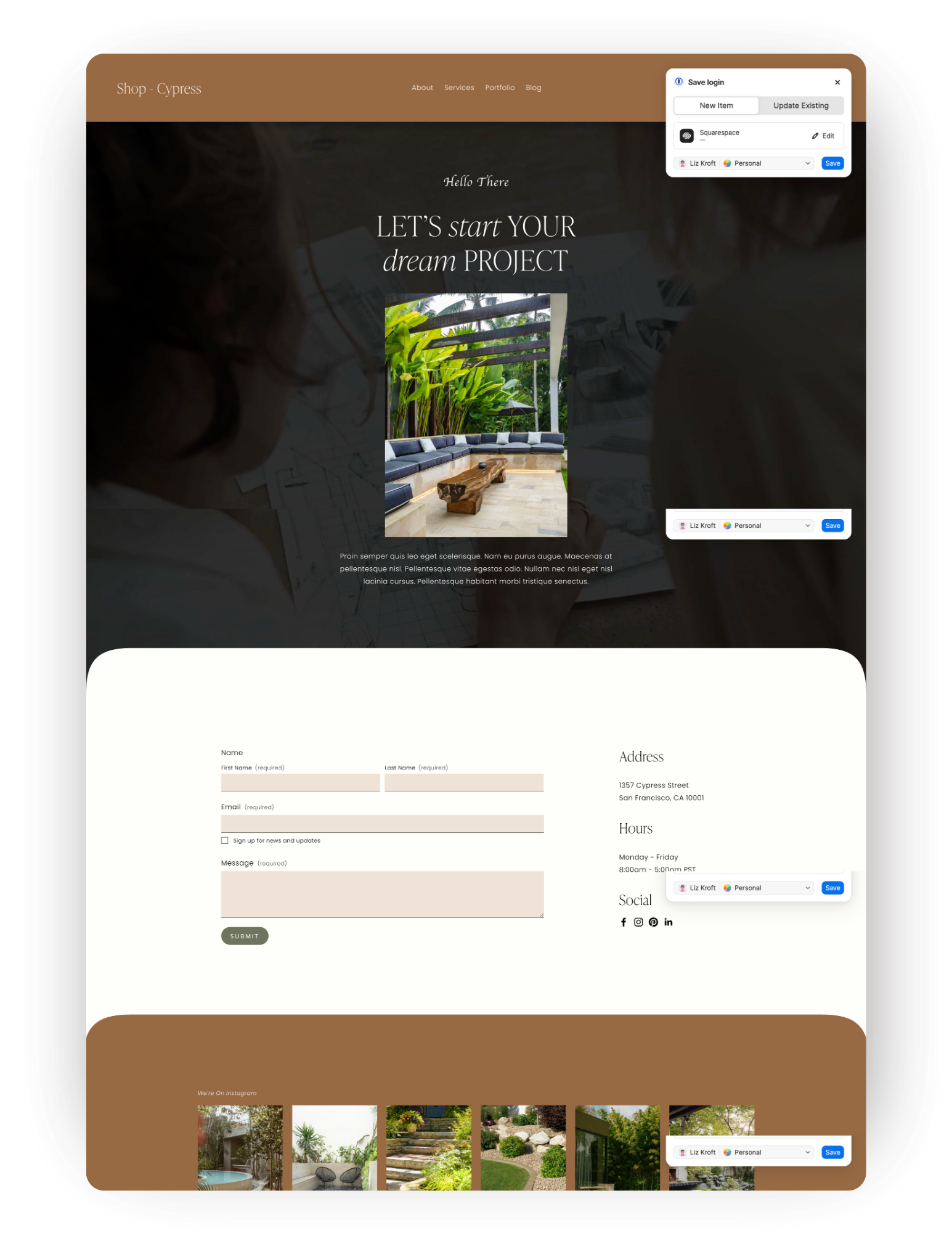 A website homepage for 'Shop - Cypress' featuring a welcome message, an image of a patio with outdoor furniture and lush greenery, a contact form, social media links, and a footer with additional images of garden designs.