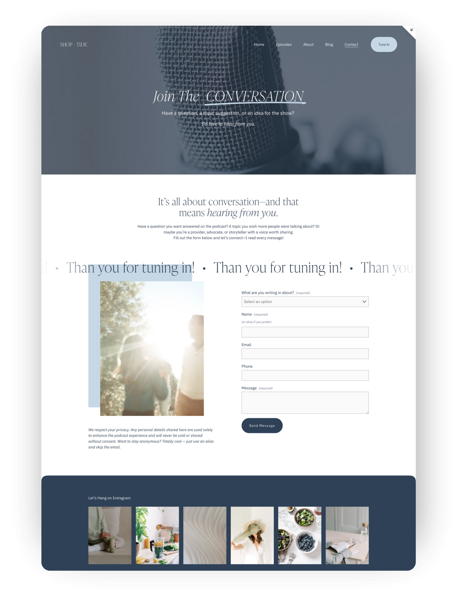 A webpage for a podcast called 'Shop-Tide,' featuring a large microphone background image, navigation links at the top, a headline inviting listeners to join the conversation, and a contact form with fields for topic, name, email, phone, and message.