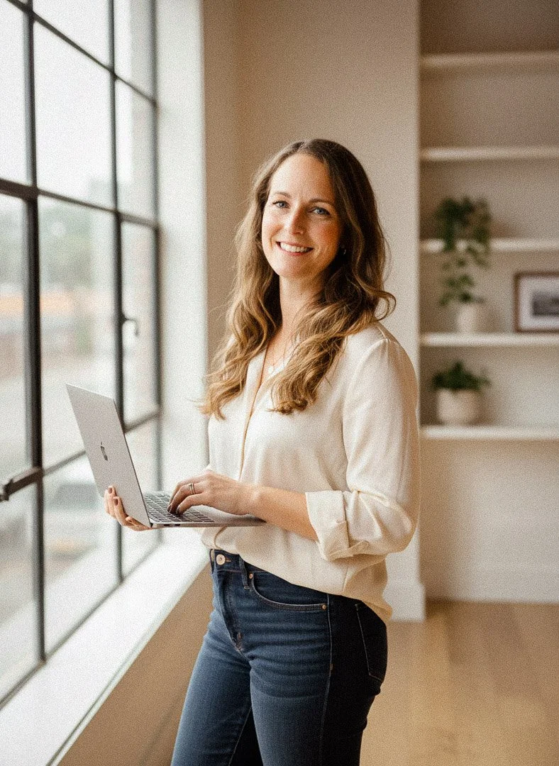 Liz, founder of Aviso Studios, smiling at the Santa Cruz Harbor — a brand and website designer serving small businesses in Santa Cruz, California.