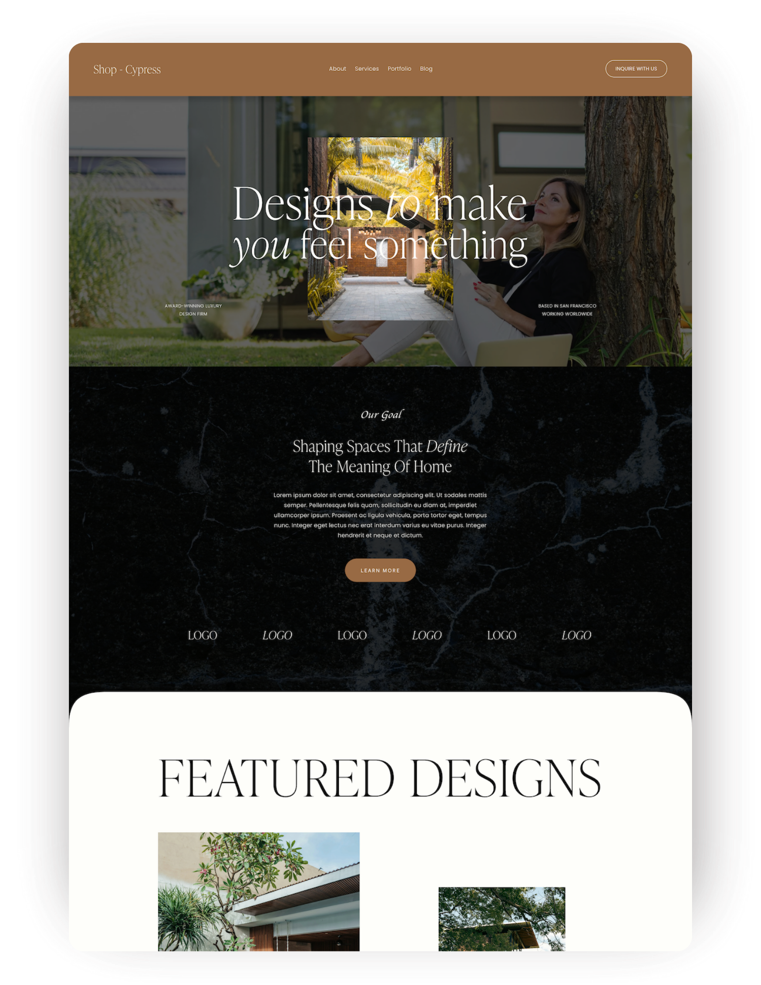 Homepage of a website for Cypress, a design firm, featuring a hero image of a woman sitting outdoors with a tablet, trees, and plants in the background. The page includes a header menu, a goal statement, and section for featured designs with images of modern architecture and greenery.